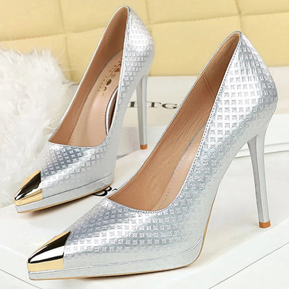 BIGTREE Shoes Embossed Patent Leather Women Pumps Metal Pointed Tip High Heels Sexy Party Shoes Stilettos 11.5 Cm Heels Platform