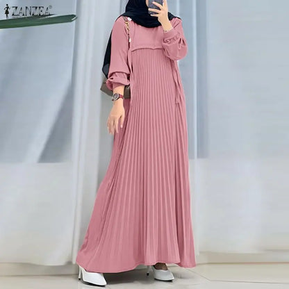 ZANZEA Muslim Women Patchwork Maxi Dress Ramadan Abaya Elegant O Neck Long Sleeve Pleated Sundress Robe Femme Casual Kaftan 2026