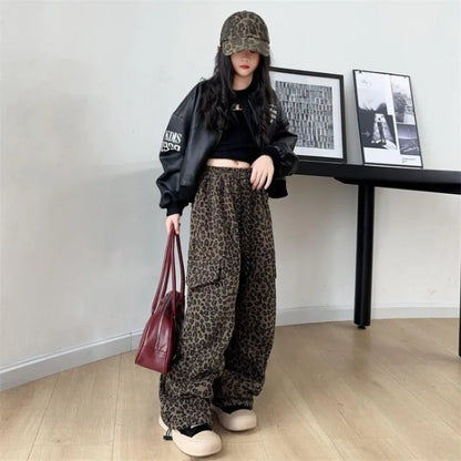 Girls' Leopard Print Cargo Pants 2026 Spring Autumn Street Dance Loose Wide Leg Pants for Kids 5-12 Years