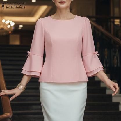 ZANZEA Elegant Woman Princess Seam Short Blouses O-Neck Bow Details 3/4 Flared Sleeves Tops Summer Solid Color Blusas de Mujer