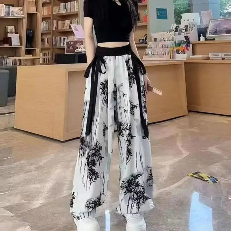 Ink Painting Printed High Waisted Wide Leg Pants for Women Summer Thin Chiffon Streamers Loose Casual Floor Mopping Pants