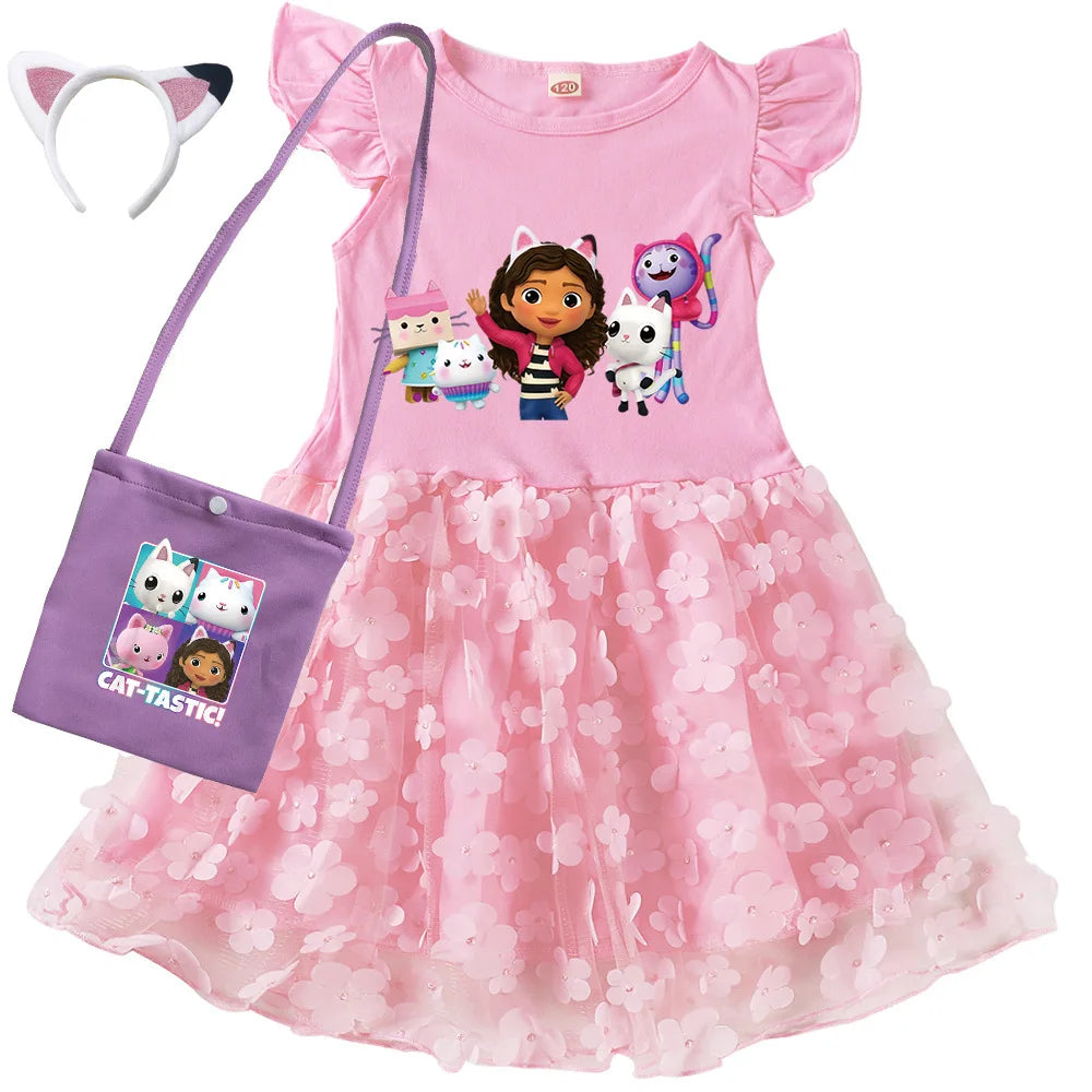 Vestidos Gabbys Dollhouse Costume Kids Cartoon Gabby Chat Dress Baby Girls Summer Short Sleeve Casual Dresses and Bag & Headband