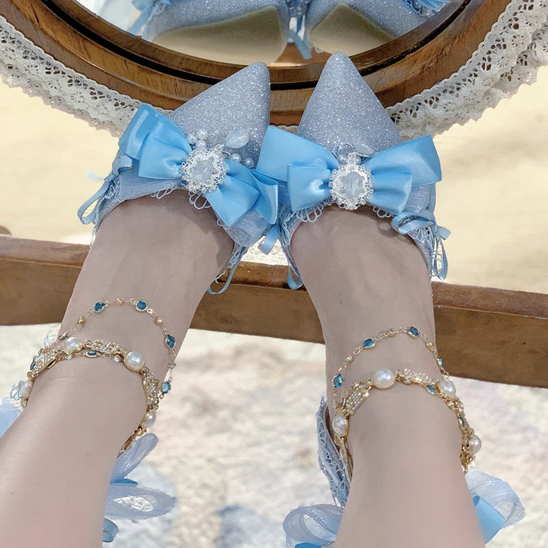 Sweet Girl Tea Party High Heels Blue Lolita Original High Heels Japanese Cute Loli Princess Single Shoes