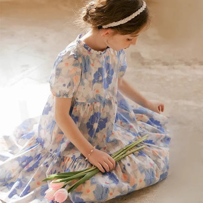 Cotton Dress with Lace Trim in French Retro Oil Painting Style Flower Girl Dresses Children's Clothing Luxury Girls Costume Kids