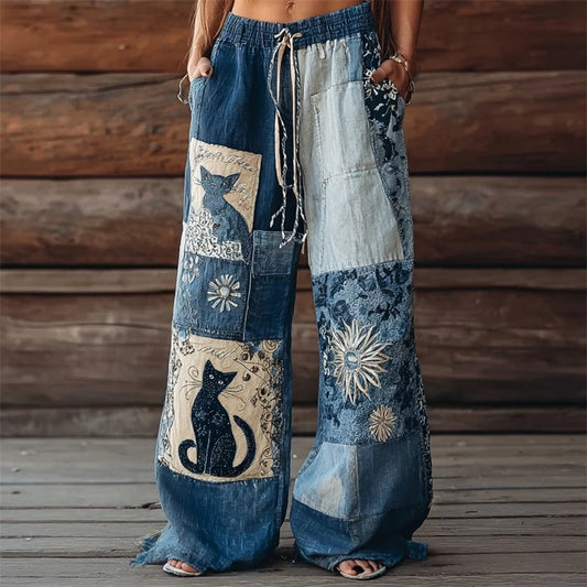 3D Cat Print Women's Wide-Leg Pants Fall/Summer Casual Comfortable Breathable Straight-Leg Pants Street Style Trendy Long Pants