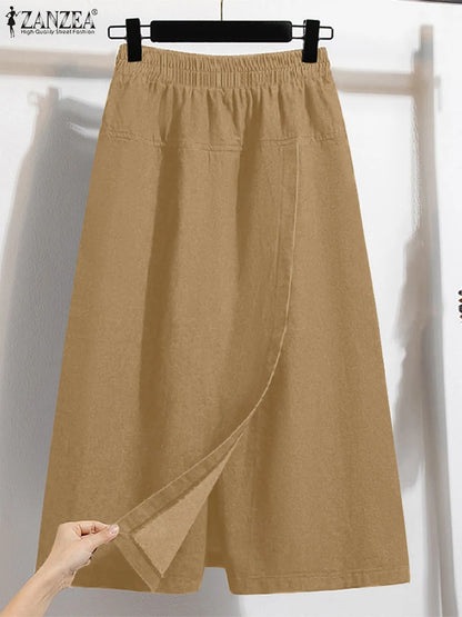 ZANZEA 2025 Fashion Women Skirt Pants Elastic Waist Pantalons Summer Casual High Waist Solid Color Long Trousers Wide Leg Pants
