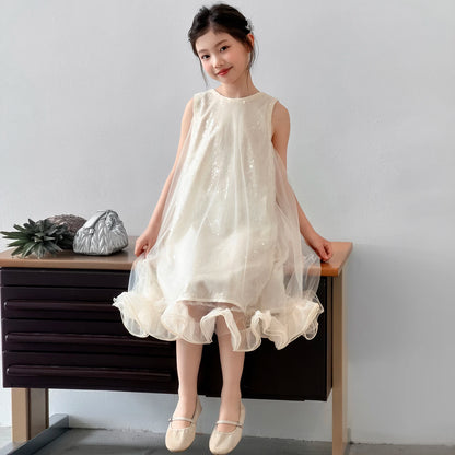 Kids Princess Dresses For Girls White Sleeveless Tulle Ruffle Dress Birthday Party Pageant Wedding Flower Girl Dress 6 -13 Year