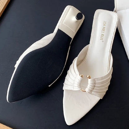 Pointed Toe Metal Decoration Pleated Women Sandals Summer Fashion Open Toe Thin Heel Slide Sandals Simple Comfort Designer Shoes