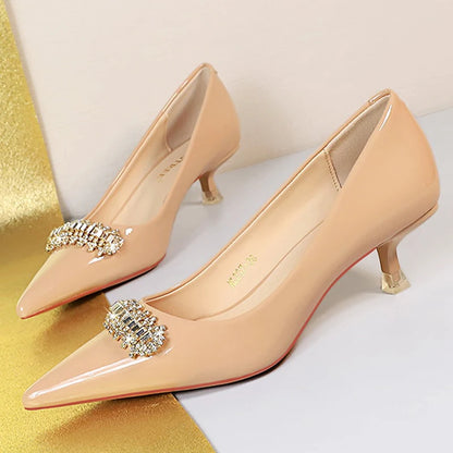 BIGTREE Shoes 4.5 CM Rhinestone Metal Decoration Kitten High Heels Patent Leather Women Pumps Stilettos Lady Shoes Plus Size 43