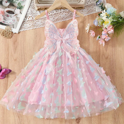 2024 Girls Purple Butterfly Dress Summer Children Colorful Mesh Dress Baby Sling Wings Princess Dress for Birthday 3-8T