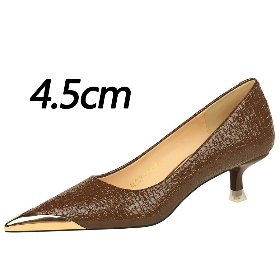 Retro High Heels Snake Patterned Patent Leather Women Pumps Stilettos Banquet Shoes Sexy Party Shoes Metal Tip Ladies Heels 2026