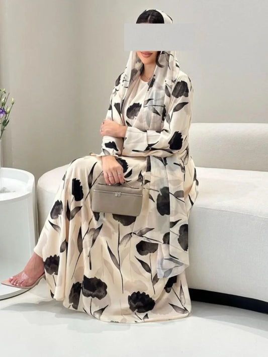 Eid Muslim Abaya for Women Dress Print Chiffon Abayas with Scarf Arab Dubai Cardigan Party Dresses Vestidos Long Robe Jalabiya