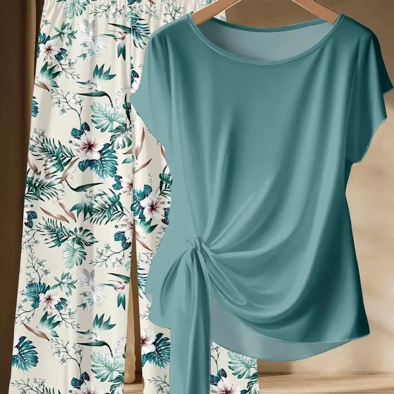 Summer Fresh Casual Two-Piece Set Short Sleeved Twisted Top with Tropical Plant Print Wide Leg Pants plus Size Outfit