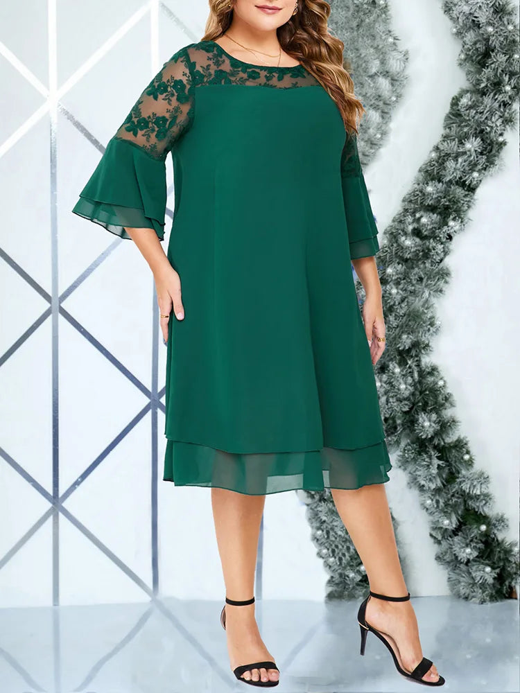 GIBSIE Plus Size Elegant Embroidered Mesh Patchwork Chiffon Dress Women Spring Summer O-Neck Flared Sleeve Layered Midi Dresses