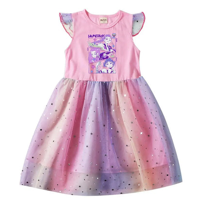 K-Pop Hunters Rumi Baby Girls Dress Children Cartoon Mesh Star Sequins Princess Dress Kids Flying Sleeve Skirt For Birthday Gift