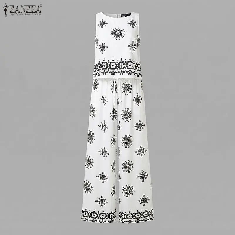 ZANZEA Fashion Summer Sleeveless Tanks Tops Pant Sets Stylish Women Matching Sets Bohemain Printed Tracksuit 2PCS Holiday Outfit