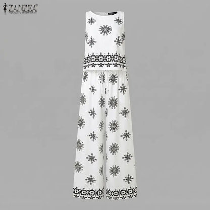 ZANZEA Fashion Summer Sleeveless Tanks Tops Pant Sets Stylish Women Matching Sets Bohemain Printed Tracksuit 2PCS Holiday Outfit