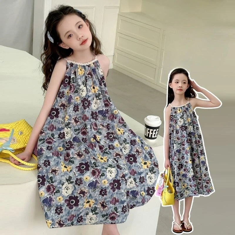 Floral Sleeveless Strappy Sundress Trendy Girls Party Dress Girl Cotton Linen Girls' Princess Summer Little Clothes Dresses Kids
