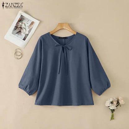 Summer Autumn Solid Color Tops ZANZEA Casual V Neck Blusas Women Blouse OL Work Tee 3/4 Sleeve Tunic Lace-up Streetwear Oversize