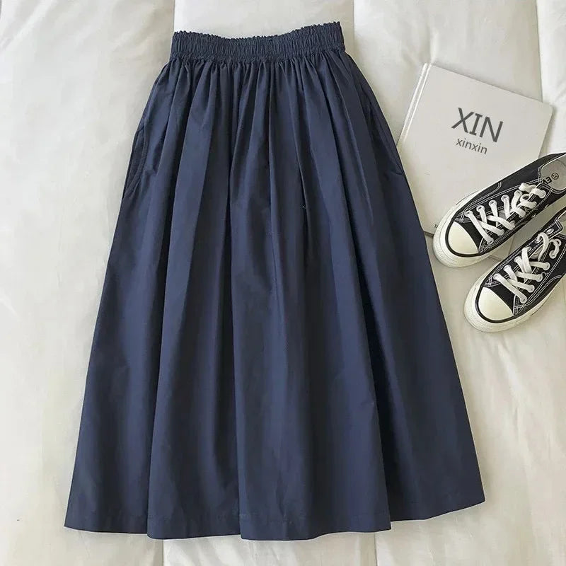 Women's White High Waist Long Skirt A-Line Knee-Length Casual Elegant with Pockets Pleated Fashion for Autumn