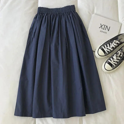 Women's White High Waist Long Skirt A-Line Knee-Length Casual Elegant with Pockets Pleated Fashion for Autumn