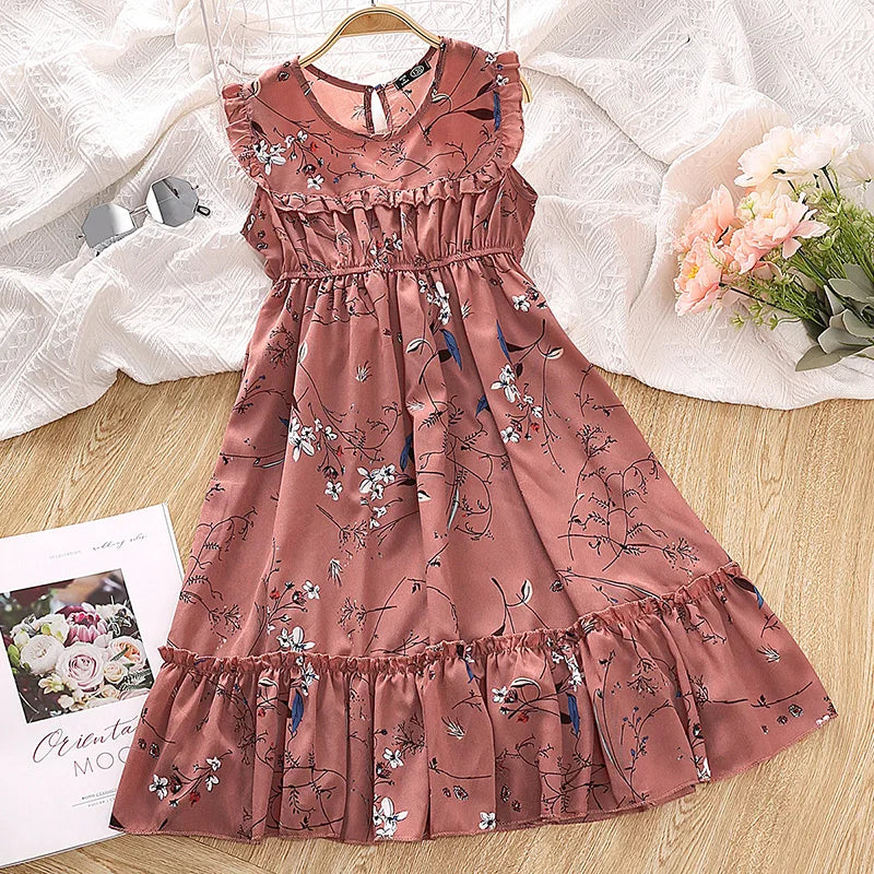 Summer Girl next Door Dress round Neck Sleeveless Floral Print Ruffled Hem Knee Length Skirt Sweet Cute Everyday Vacations