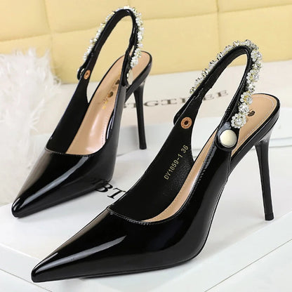 BIGTREE Shoes Pearl Water Diamond Design Women Pumps Rear Empty Rear Strap High Heels Sexy Party Shoes Stilettos Women Sandals