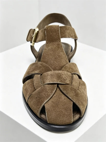 New Flat Sandals Women 2026 Summer Faux Suede Weaving Design Gladiator Sandals Ankle Strap Comfortable Women Shoes Sandalias