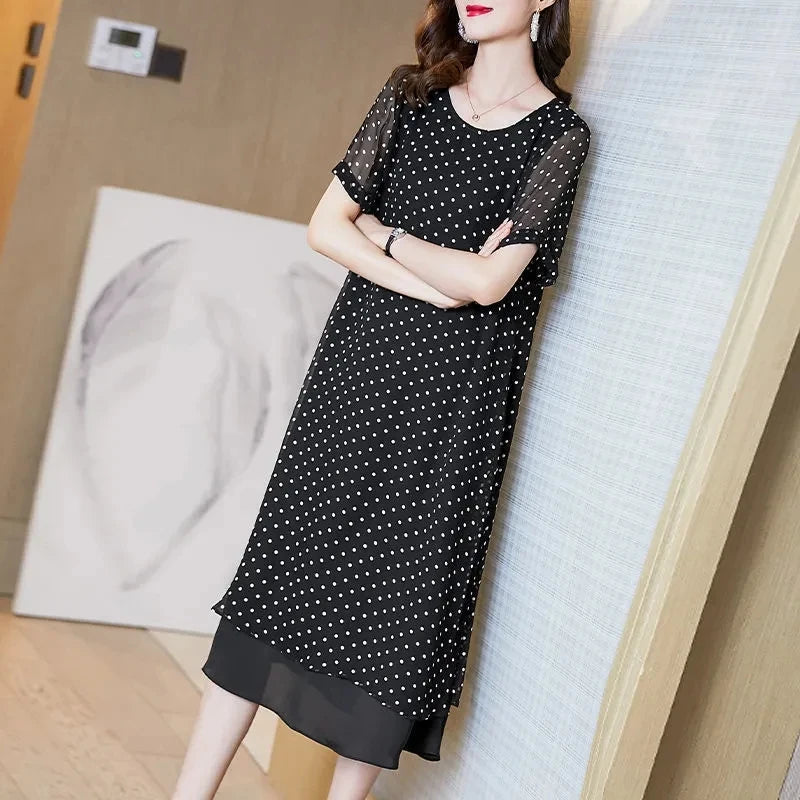 Summer Short Sleeves Covering Belly High End Chiffon Dress 2026 New Large Size Loose Dot French Style Long Dress Women Vestidos
