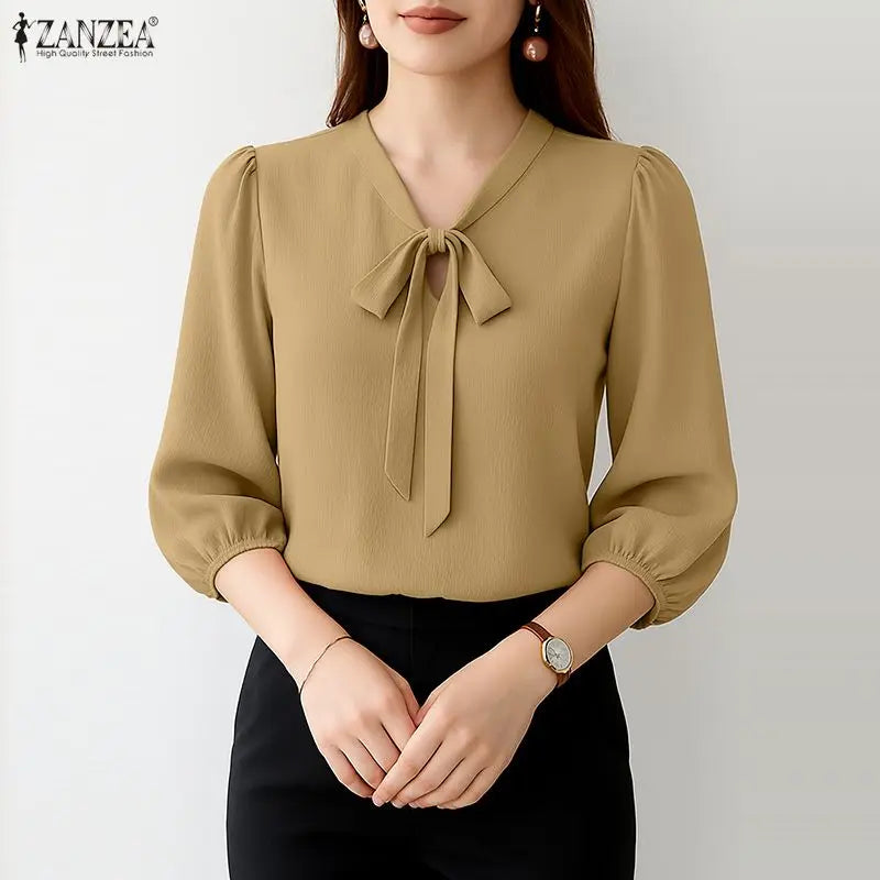 ZANZEA Elegant Minimalist Woman Blouses Bow Tie Neck 3/4 Puff Sleeve Crinkled Texture Solid Color Tops Summer Blusas de Mujer