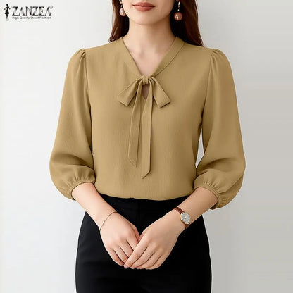ZANZEA Elegant Minimalist Woman Blouses Bow Tie Neck 3/4 Puff Sleeve Crinkled Texture Solid Color Tops Summer Blusas de Mujer