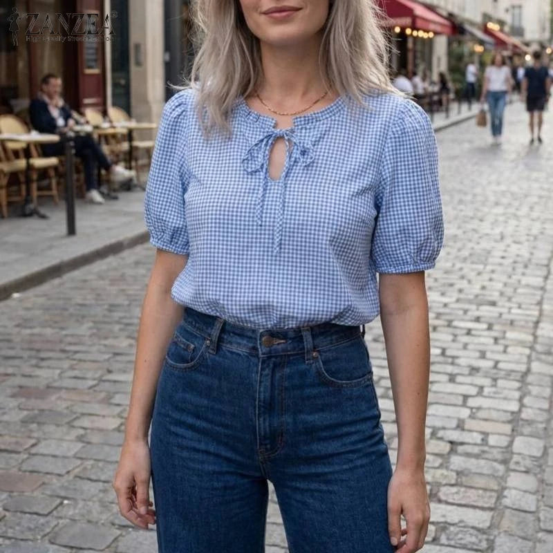 ZANZEA Woman Gingham Check Blouses Lace-Up Keyhole Ruffled Trim O-Neck Puff Short Sleeve Tops Summer Daily Casual Blusas Mujer