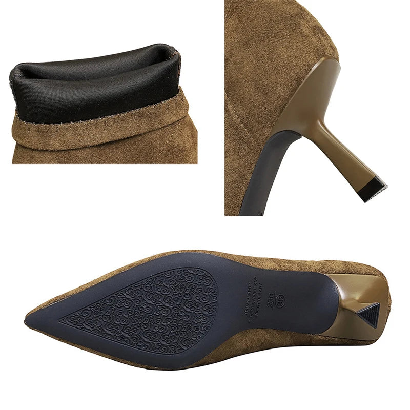 BIGTREE Shoes Retro Women's Boots Suede Pointed Women's Ankle Boots Stiletto High Heel Boots Autumn Winter Shoes Short Boots