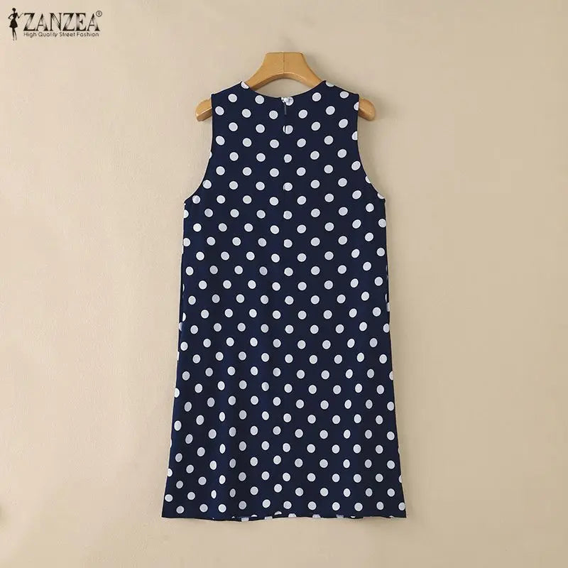 ZANZEA Women Summer Fashion Long Tank Tops Polka Dots O-Neck Sleeveless Side Slit Knee-Length Tops Casual Everyday Wear Tanks