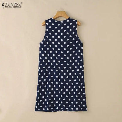 ZANZEA Women Summer Fashion Long Tank Tops Polka Dots O-Neck Sleeveless Side Slit Knee-Length Tops Casual Everyday Wear Tanks