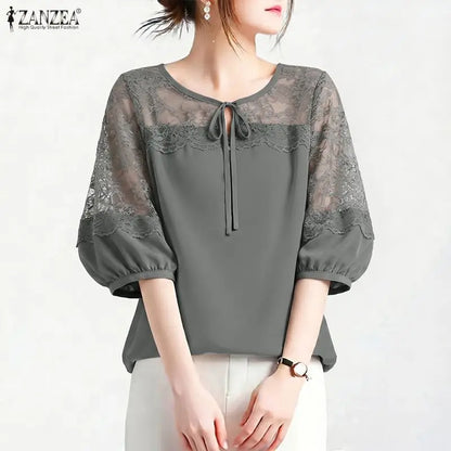 ZANZEA Woman Elegant Lace Patchwork Blouses Lace-Up O-Neck Lantern Sleeves Solid Color Sheer Tops Summer Everyday Wear Blusas