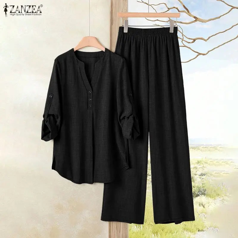 Women's Loose Pant Suits Half-Button Long Sleeve Blouse & Wide Leg Pant 2 Piece Sets ZANZEA Summer Daily Casual Pant Sets Outfit