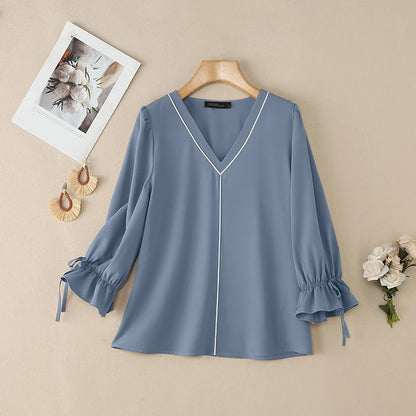 ZANZEA Elegant Contrast-Piping Women's Blouses 2026 Spring 3/4 Lantern Sleeve Tied Cuffs Solid Color Tops Woman Clothes New In