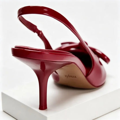 Luxury Designer Red Bow High Heels Women Summer Sexy Pointed Toe Patent Leather Women Pumps Elegant Slingback Heeled Sandals