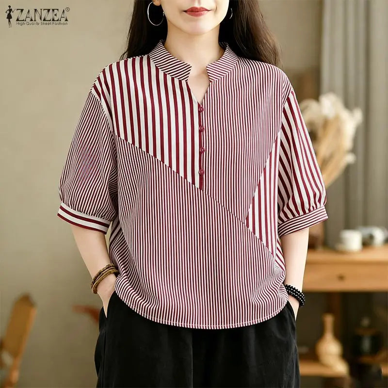ZANZEA Casual Striped Patchwork Blouses for Woman Stand Collar Half Puff Sleeve Day Wear Tops Summer 2026 Loose Blusas de Mujer