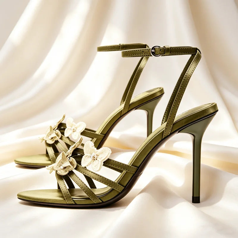 Hand Embroidery Butterfly Detail High Heel Sandals Women Luxury Satin Ankle Strap High Heels for Ladies Elegant Party Dress Shoe