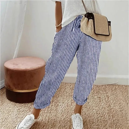 European and American Cross border Women's Summer New Fashionable Loose Stripe Printed Elastic Waist Drawstring Casual Pants