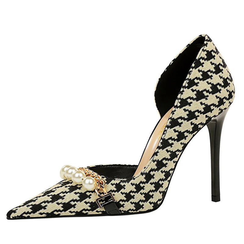 BIGTREE Shoes 2026 Spring Women Pumps Pearl Metal Chain High-heels Checked Grain Stilettos Women Heels Luxury Banquet Shoes 43