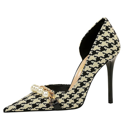 BIGTREE Shoes 2026 Spring Women Pumps Pearl Metal Chain High-heels Checked Grain Stilettos Women Heels Luxury Banquet Shoes 43