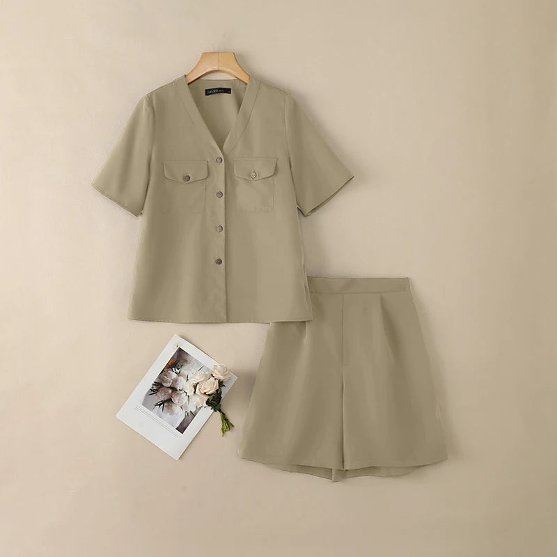 ZANZEA Summer 2 Pieces Sets Holiday Outfit Fashion Women Short Sets V Neck Short Sleeve Blouse Short Suit Solid Casual Tracksuit