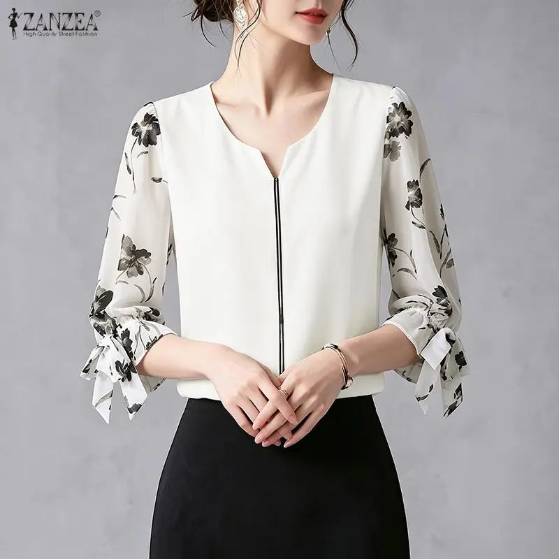 ZANZEA Womens Sophisticated Elegant Blouses Floral Printed 3/4 Puff Sleeve Casual Tops Summer V-Neck Pullover Blusas de Mujer