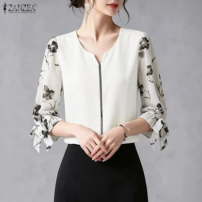 ZANZEA Womens Sophisticated Elegant Blouses Floral Printed 3/4 Puff Sleeve Casual Tops Summer V-Neck Pullover Blusas de Mujer