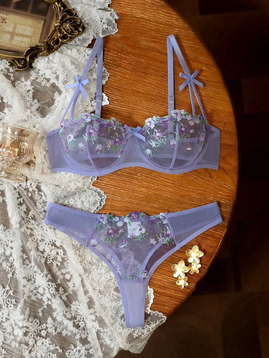 French-style floral embroidery lace lingerie set,sexy and pure desire sheer bra support,Valentine's Day party