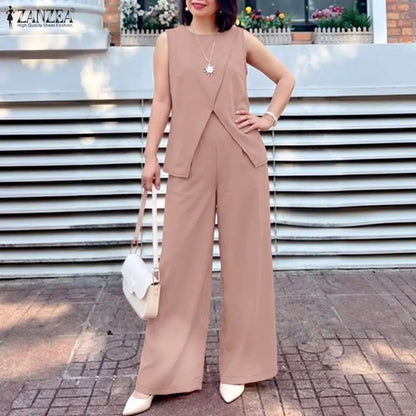 ZANZEA Summer Women Pant Sets Solid Color  Sleeveless Tops Wide Leg Pants Fashion 2PCS Two-piece Outfits OL Party Streetwear