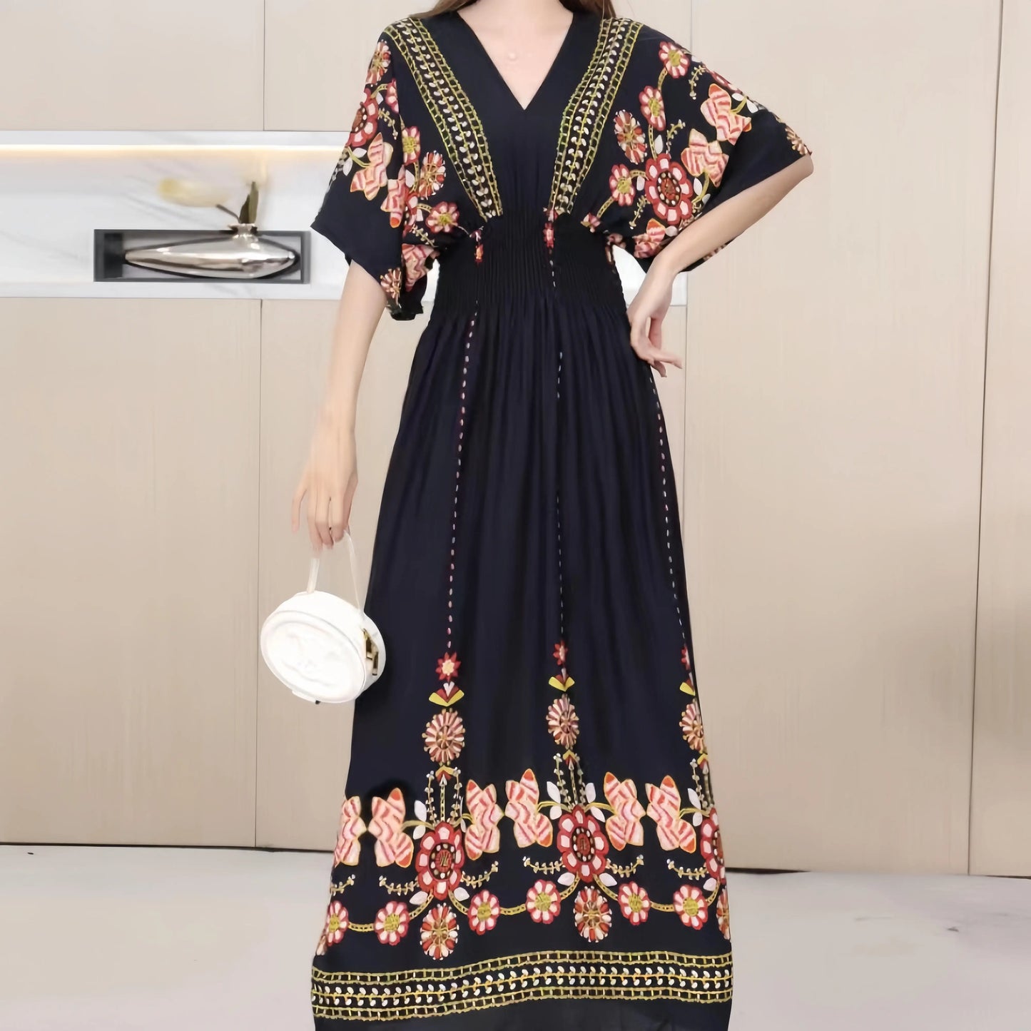 Women Bohemian Ethnic Printed Holiday Dress V-Neck Elastic Waist Casual Batswing Sleeve Mid Dress Elegant Vintage Retro Dress